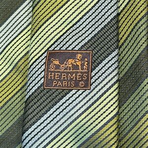 HERMES Tie 100% silk all-over pattern green/gray stripe pattern made in France
